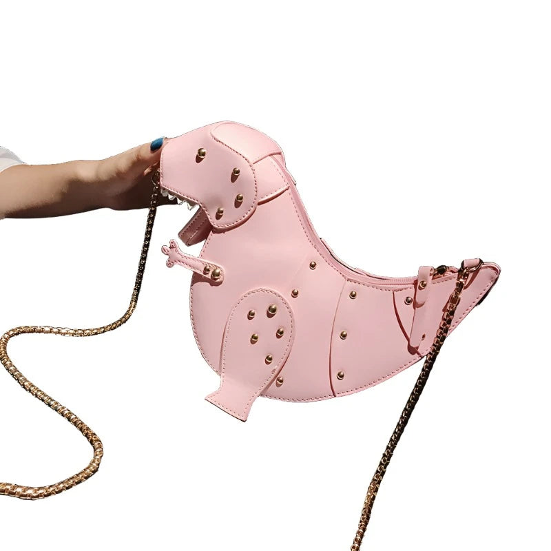 3D डायनासोर डिज़ाइन रिवेट्स PU लेदर लड़कियों की चेन पर्स शोल्डर बैग