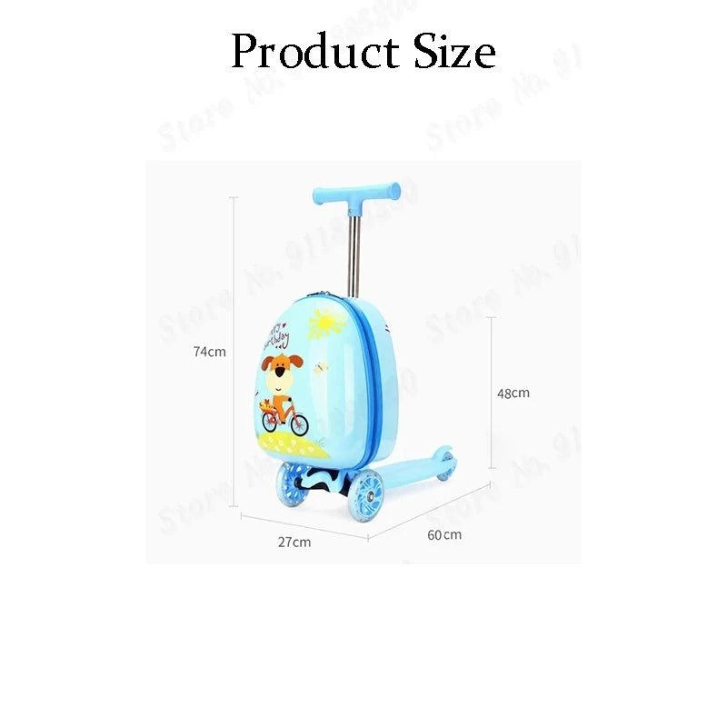 चमकदार पहियों वाला बच्चों का स्कूटर सूटकेस