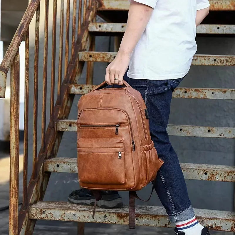 Vintage PU Leather Backpack with USB Charging