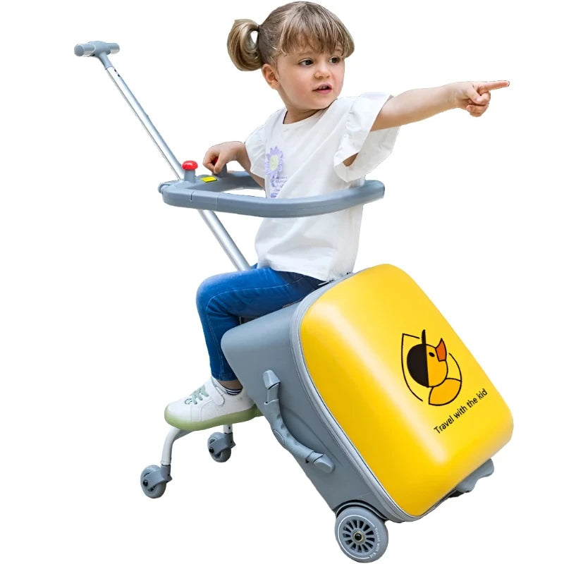 La maleta con ruedas y correpasillos para niños