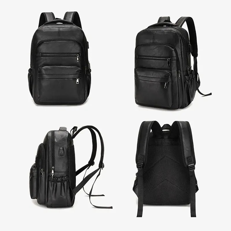 Vintage PU Leather Backpack with USB Charging