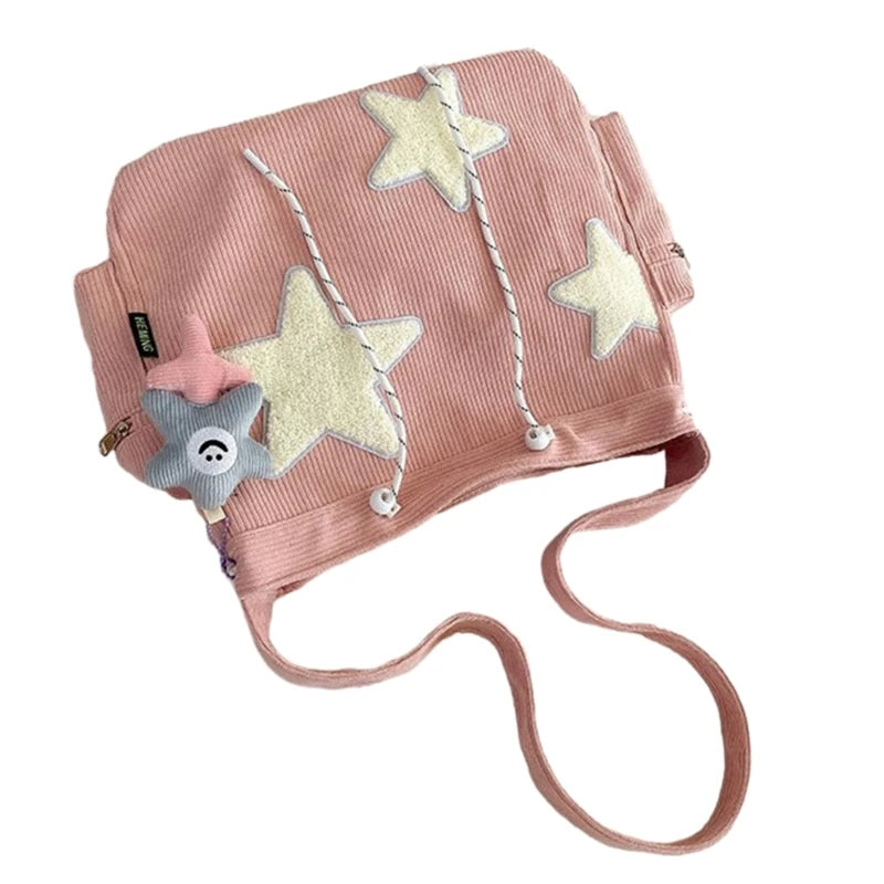 Bolso cruzado de pana con diseño de estrella para mujer, bolso informal de gran capacidad, bolso de hombro para chica, mochila escolar de viaje