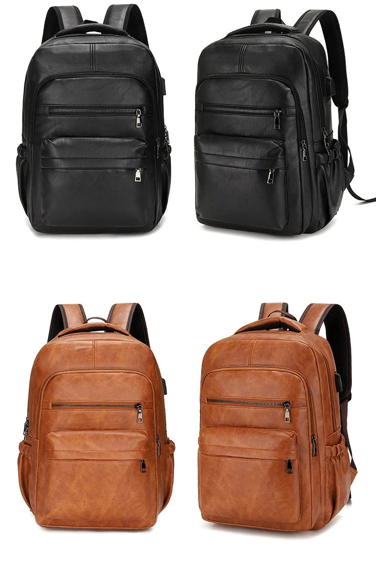 Vintage PU Leather Backpack with USB Charging