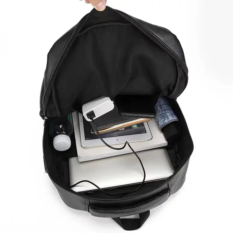 Vintage PU Leather Backpack with USB Charging