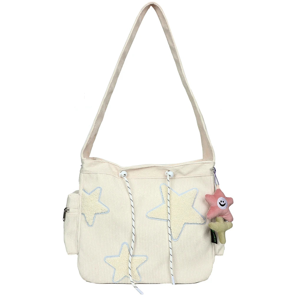 Bolso cruzado de pana con diseño de estrella para mujer, bolso informal de gran capacidad, bolso de hombro para chica, mochila escolar de viaje