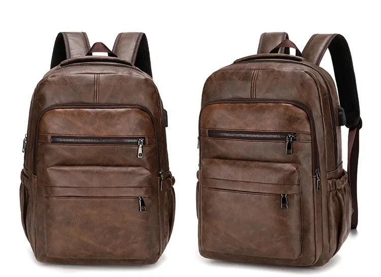 Vintage PU Leather Backpack with USB Charging