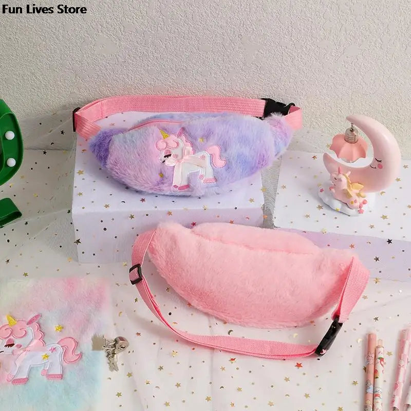 Paquete de cintura de felpa de unicornio para niños, bolsas de pecho suaves para niños, Mini riñonera de dibujos animados, bolso de piel sintética de invierno para viajes, bolsos escolares