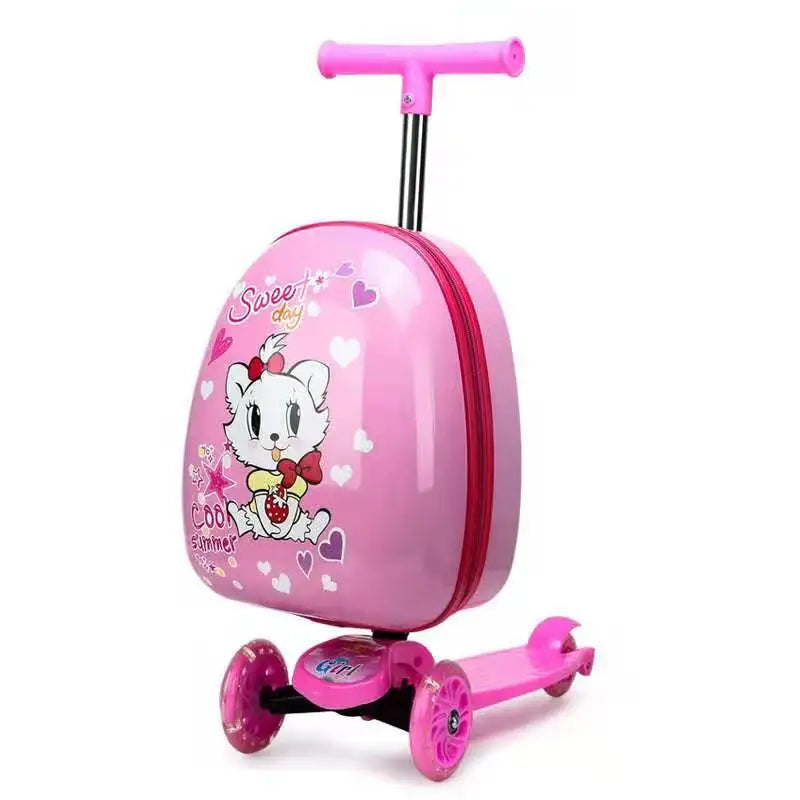 चमकदार पहियों वाला बच्चों का स्कूटर सूटकेस