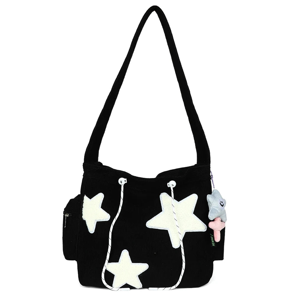 Bolso cruzado de pana con diseño de estrella para mujer, bolso informal de gran capacidad, bolso de hombro para chica, mochila escolar de viaje