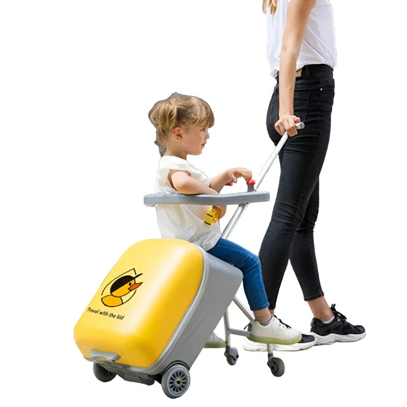La maleta con ruedas y correpasillos para niños