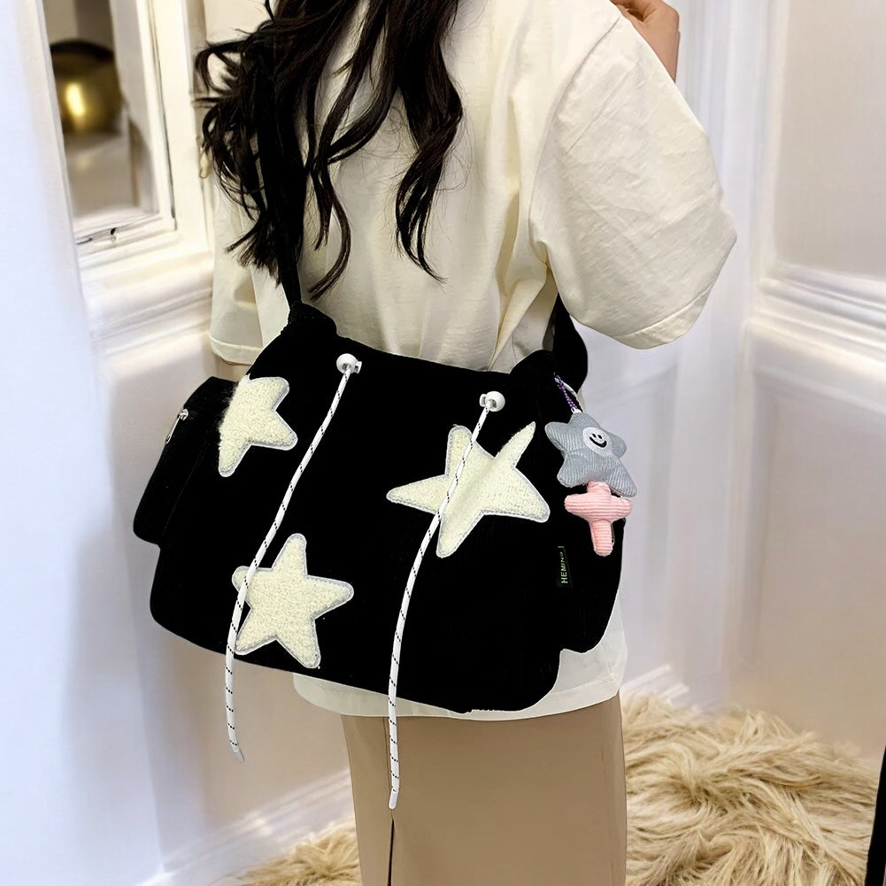 Bolso cruzado de pana con diseño de estrella para mujer, bolso informal de gran capacidad, bolso de hombro para chica, mochila escolar de viaje