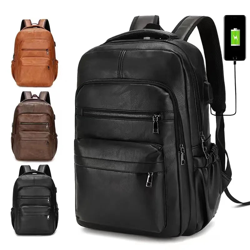 Vintage PU Leather Backpack with USB Charging