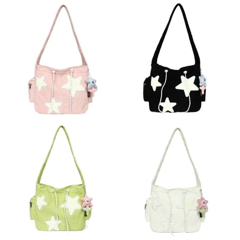 Bolso cruzado de pana con diseño de estrella para mujer, bolso informal de gran capacidad, bolso de hombro para chica, mochila escolar de viaje