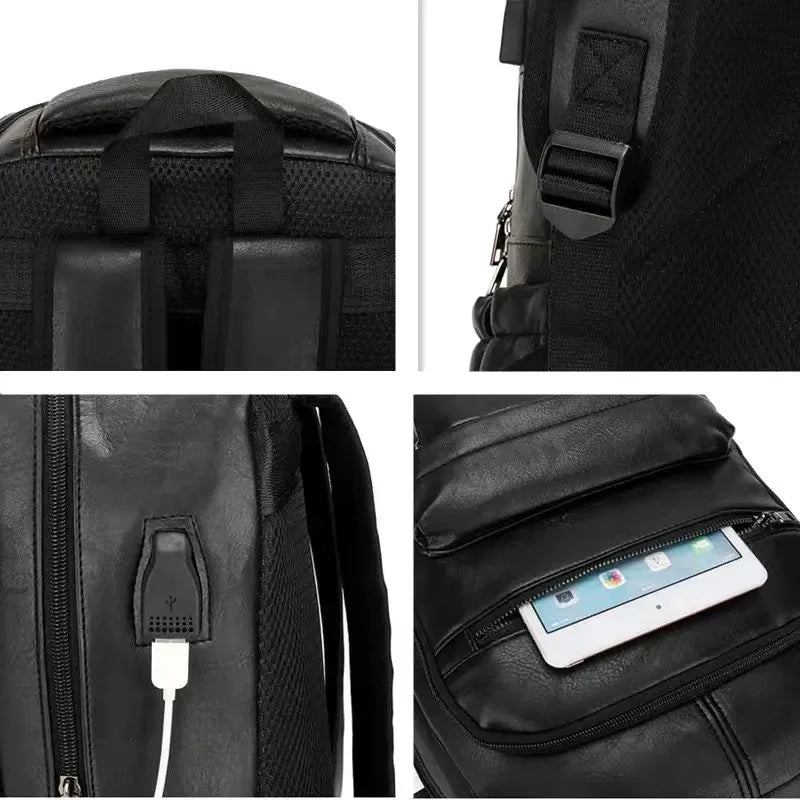 Vintage PU Leather Backpack with USB Charging